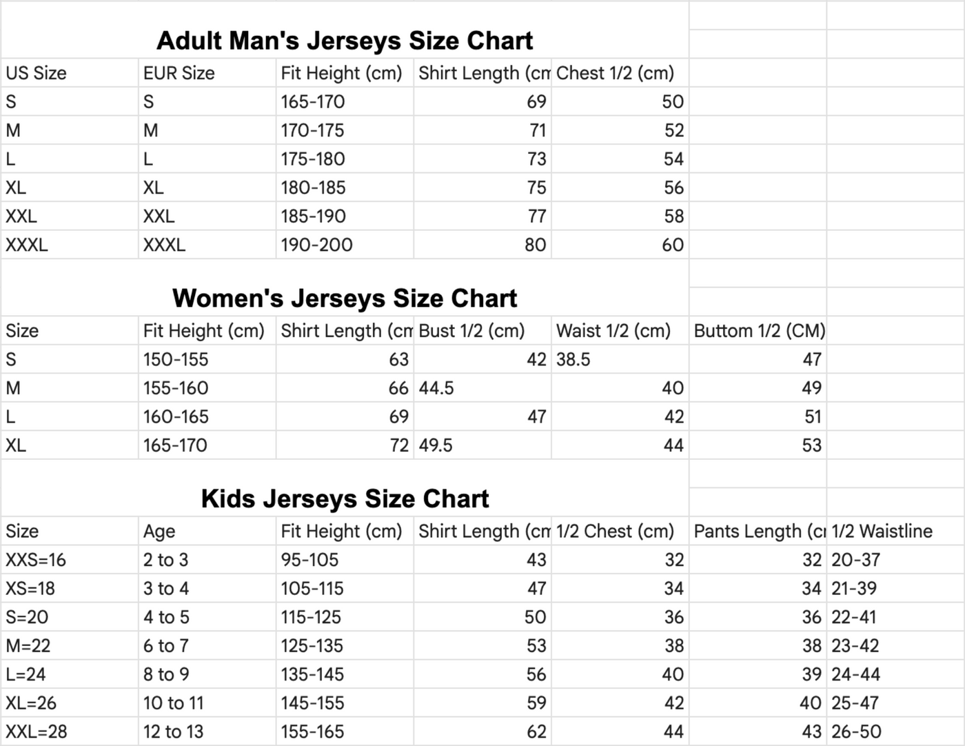 Jerseys size chart