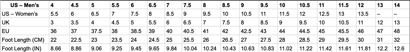 Full cleats size chart